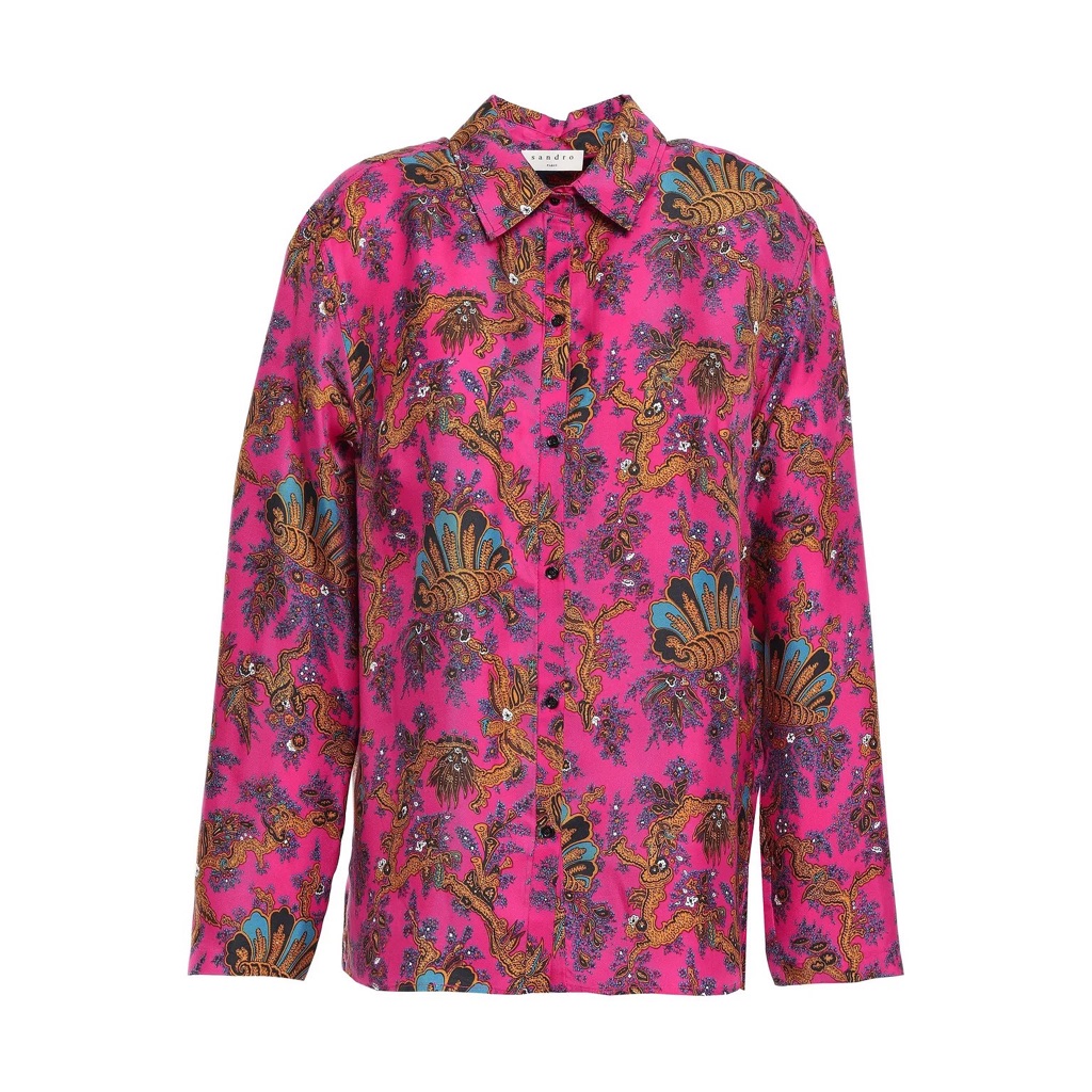 Nwot Sandro Printed Silk-Twill Shirt